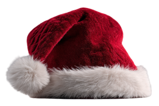 Classic Santa Claus hat with white fur trim and pom-pom, realistic product photo