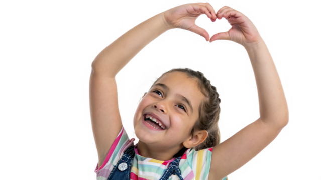 Smiling girl making a heart shape with her hands isolated on transparent background - Powered by Adobe