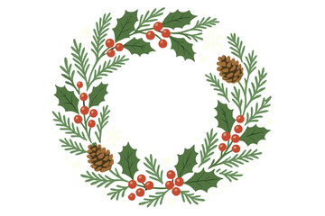 Festive Winter Wreath. Festive winter wreath composed of evergreen branches, holly berries, and pinecones, intertwined with delicate snowflakes. The circular. Vector illustration