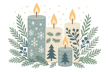 Festive Winter Candles. Decorative winter candles with themes of snow and evergreen foliage. Each candle is embellished with delicate patterns and festive motifs,. Vector illustration