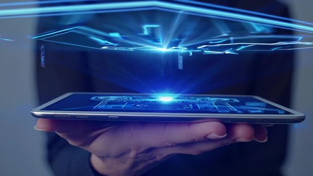 Projecting holographic interface above tablet. Hand holds tablet while virtual ui panels float. Digital hologram shows windows and data. Technology projection suggests futuristic control systems.