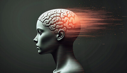Obraz premium Brain dissolving into digital lines on profile of mannequin head, with space for text