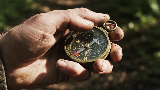 Aged hand clutching antique direction finding instrument outdoors