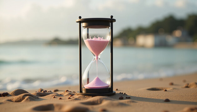 Hourglass with pink sand running out on a sandy beach, the concept of time