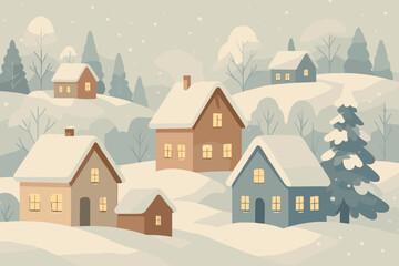 Winter Village Retreat. Scene depicting a winter village blanketed in snow, with quaint houses, glowing warmly from within. The snowy landscape features gently. Vector illustration