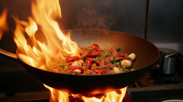 Salteado picante de carne con chiles y huevos de codorniz al wok