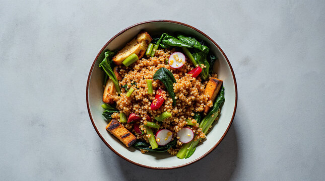 Ensalada tibia de quinoa con tofu asado y verduras frescas