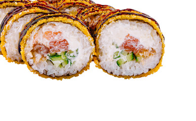 Delicious sushi rolls arranged in a tempting display on a white background