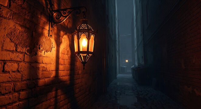 Old lantern hanging on brick wall in dark alleyway street at night for vintage mysterious spooky halloween concept design 150chr