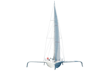 Isolated sailing trimaran yacht on water, front view with mast, sail and outrigger floats
