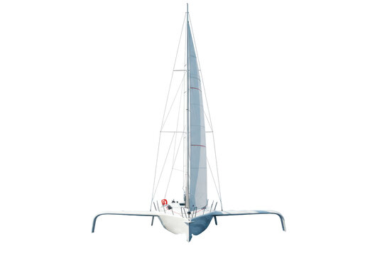 Isolated sailing trimaran yacht on water, front view with mast, sail and outrigger floats