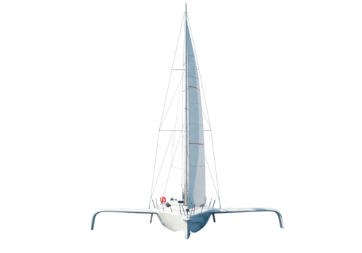 Isolated sailing trimaran yacht on water, front view with mast, sail and outrigger floats