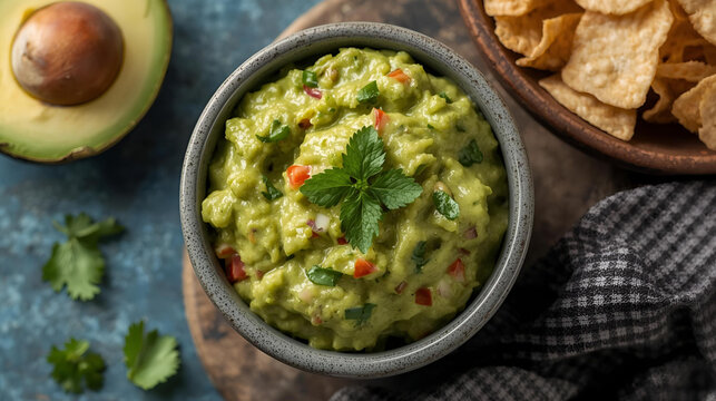 Freshly made guacamole for chips dip with cilantro in a bowl with chips and avocado ai - Powered by Adobe
