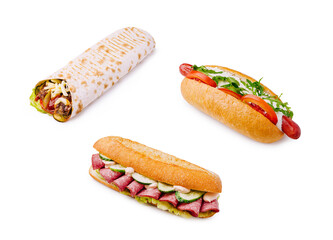 Tasty sandwich and wrap variety on a clean white background