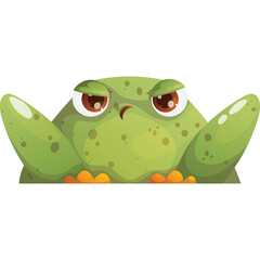 Grumpy Green Frog With Big Brown Eyes Peeking Over An Invisible Surface Against A White Background A Cartoon Illustration