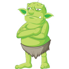 Grumpy Green Goblin Character With Crossed Arms Wearing A Brownloincloth On A White Background Digital Art