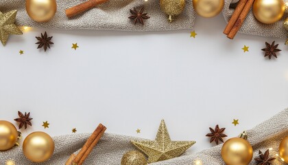 Cozy and sophisticated Christmas flatlay featuring warm-toned decorations, textured linen fabric, cinnamon sticks, gold baubles, star-shaped ornaments, and soft bokeh fairy lights