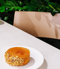 Delicious dessert served on a plate in a cozy cafe setting