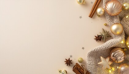 Cozy and sophisticated Christmas flatlay featuring warm-toned decorations, textured linen fabric, cinnamon sticks, gold baubles, star-shaped ornaments, and soft bokeh fairy lights