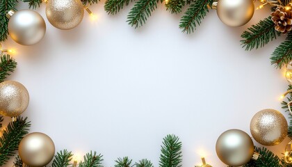 Elegant Christmas flatlay scene featuring a clean white background, luxury gold and soft beige ornaments, minimal pine branches, warm fairy lights, ribbon details, product display area centered with a
