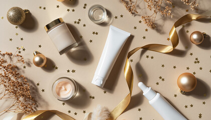 Chic Christmas flatlay designed for beauty or skincare product display. Soft beige backdrop, sparkling gold accents, dried florals, luxury ribbons, and elegant ornaments arranged in an aesthetic