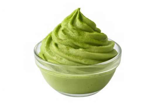 Matcha green tea soft serve ice cream swirl in glass bowl, sweet refreshing asian dessert on transparent background - Powered by Adobe
