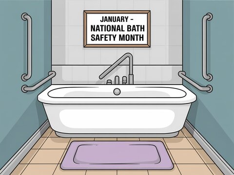 Bathroom safety month illustration featuring a bathtub with grab bars and a national bath safety month sign