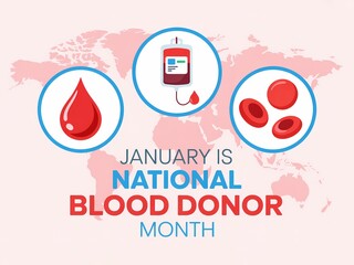 January is national blood donor month promoting blood donation with medical icons and world map background