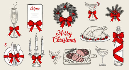 Obraz premium Festive christmas dinner hand drawn illustration with red bows and decorations