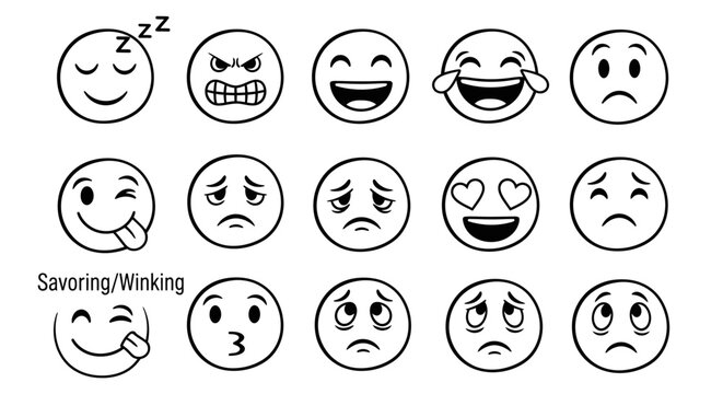 Hand drawn emoji set expressing different emotions and feelings