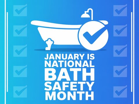January is national bath safety month promoting awareness with a bathtub and checkmark graphic