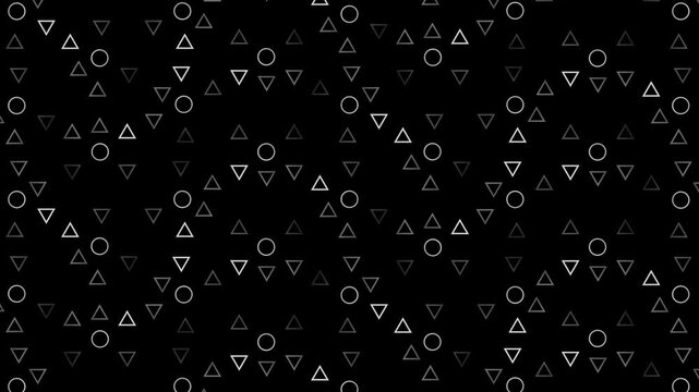 displays a seamless, abstract geometric pattern featuring an array of white and gray triangles and circles motion background against a black