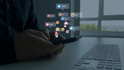 Social media,marketing, like,social network,blog,live,chat reaction and livestream.	Woman using smart phone with emoticon icons of Social Media.Interactive with friends on chat with emoticon feedback. - Powered by Adobe