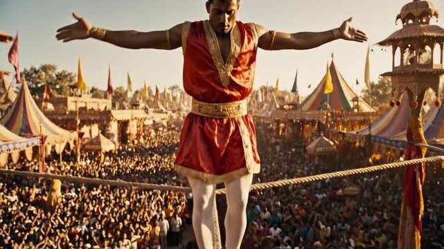 Performer balancing on tightrope above massive festive crowd