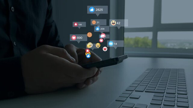 Social media,marketing, like,social network,blog,live,chat reaction and livestream.	Woman using smart phone with emoticon icons of Social Media.Interactive with friends on chat with emoticon feedback.