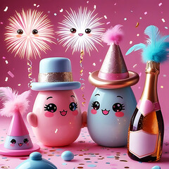 Cute Kawaii New Year Celebration with Cartoon Champagne Bottles and Party Decorations.