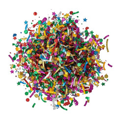 Fototapeta premium A Vibrant Pile of Colorful Confetti and Glitter Forms a Festive Celebration Background on Transparent Isolated Layer