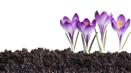 Freshly bloomed vibrant purple crocuses emerge from rich, dark soil, signaling the joyful arrival of spring and new beginnings, beautifully contrasted against a pure white background, embodying hope a
