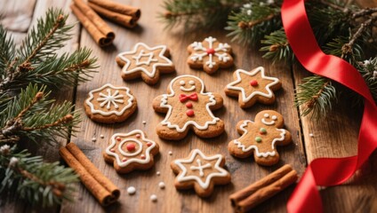 Christmas background gingerbread cookies on a wooden table, Christmas decor