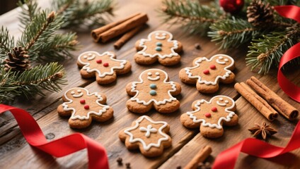 Christmas background gingerbread cookies on a wooden table, Christmas decor