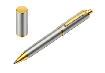 Isolated silver metal ballpoint pen with gold accents including cap for writing and design