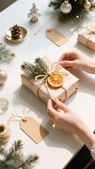 DIY Christmas gift decoration on the table, top view