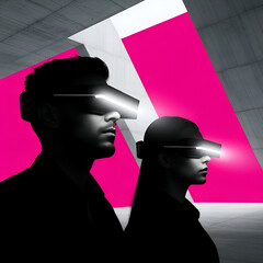 Futuristic couple wearing visor glasses in a geometric environment