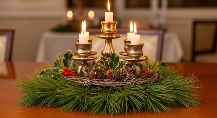 Festive centerpiece with candles, greenery, and holiday decorations