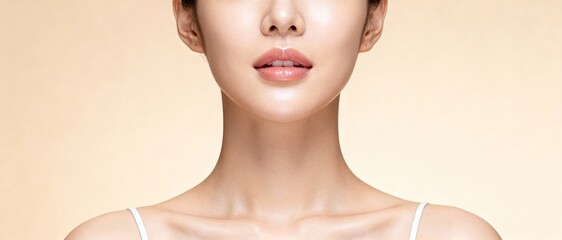 Closeup of a beautiful young womans face and neck with smooth skin on a beige background