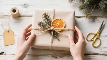 DIY Christmas gift decoration on the table, top view