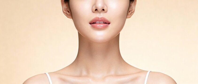 Closeup of a beautiful young womans face and neck with smooth skin on a beige background