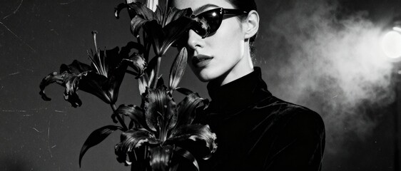 Elegant woman in sunglasses with black lilies in a dramatic black and white portrait