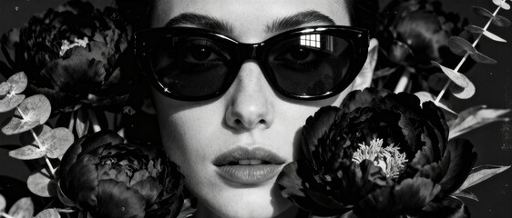 Black and white portrait of a woman wearing sunglasses surrounded by dark peonies