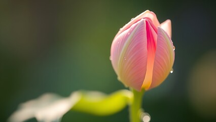 moisture. Delicate flower bud beginning to open with morning dew in soft natural backlight. gardening catalogs, home-decor guides, designed for home decor and floral branding, used by photographers.